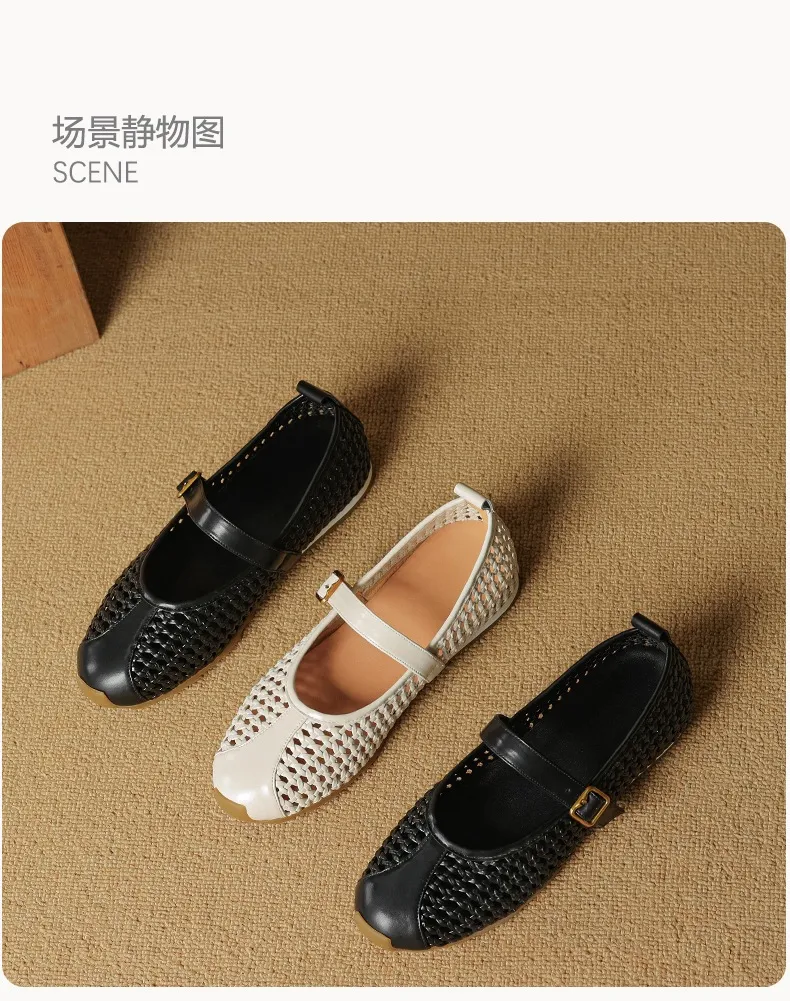 Flat-heeled cowhide openwork women's shoes, spring and summer round toe single shoes