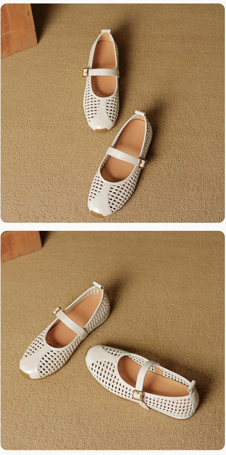 Flat-heeled cowhide openwork women's shoes, spring and summer round toe single shoes
