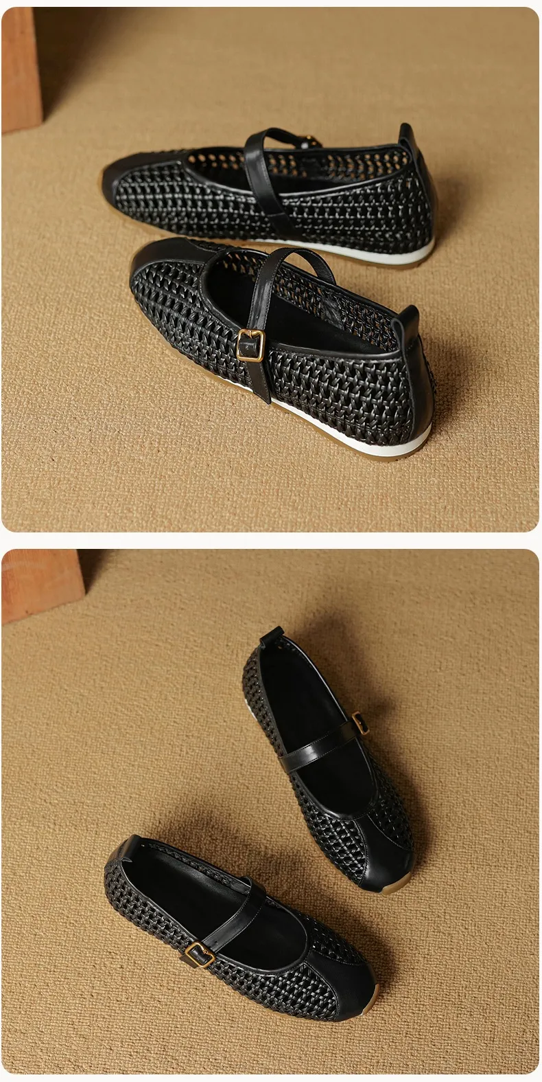 Flat-heeled cowhide openwork women's shoes, spring and summer round toe single shoes