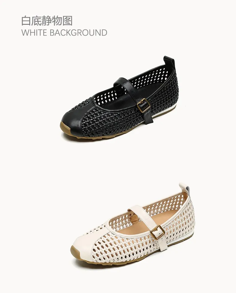 Flat-heeled cowhide openwork women's shoes, spring and summer round toe single shoes