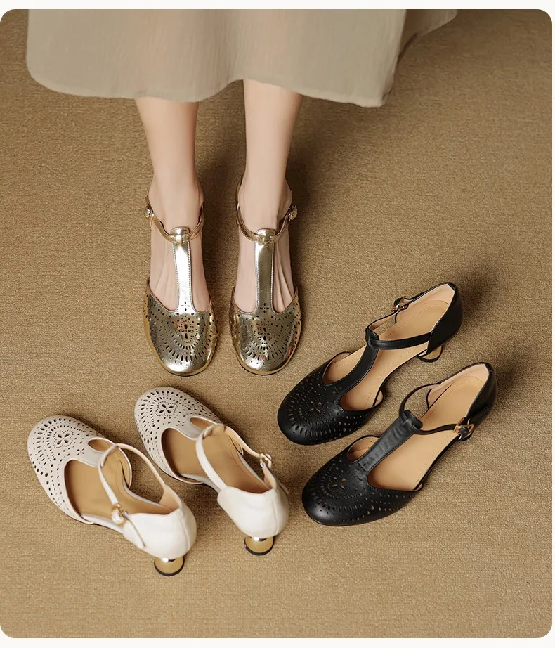 Spring/Summer Sandals Round Toe Chunky Heel High Heel Buckle Openwork Fashion Women's Shoes