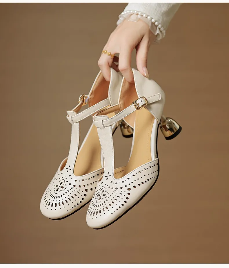 Spring/Summer Sandals Round Toe Chunky Heel High Heel Buckle Openwork Fashion Women's Shoes