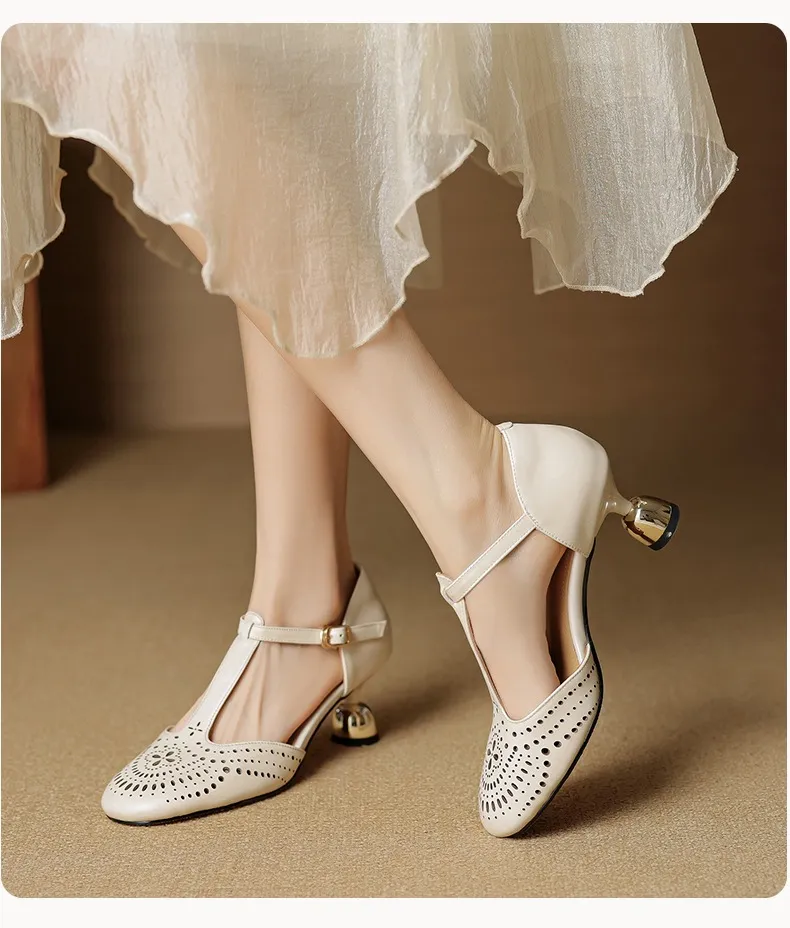 Spring/Summer Sandals Round Toe Chunky Heel High Heel Buckle Openwork Fashion Women's Shoes