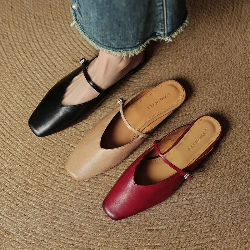 Spring/Summer Square Toe Slippers, Leather, Low Heel, Flat, Comfortable Women's Shoes, Size 40