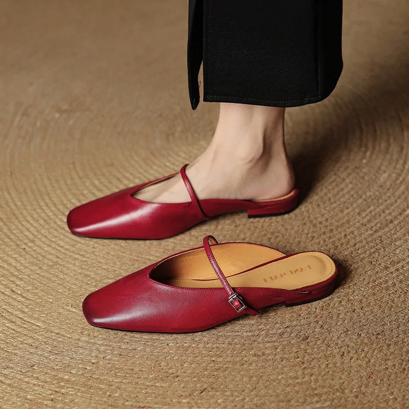 Spring/Summer Square Toe Slippers, Leather, Low Heel, Flat, Comfortable Women's Shoes, Size 40