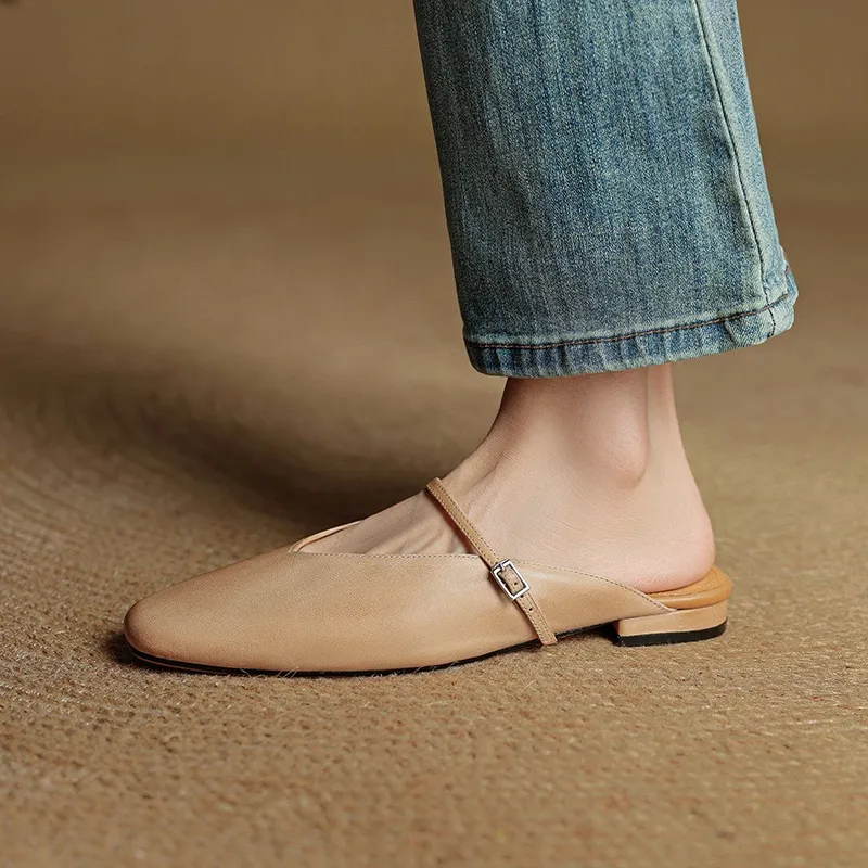 Spring/Summer Square Toe Slippers, Leather, Low Heel, Flat, Comfortable Women's Shoes, Size 40