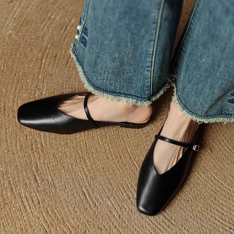 Spring/Summer Square Toe Slippers, Leather, Low Heel, Flat, Comfortable Women's Shoes, Size 40