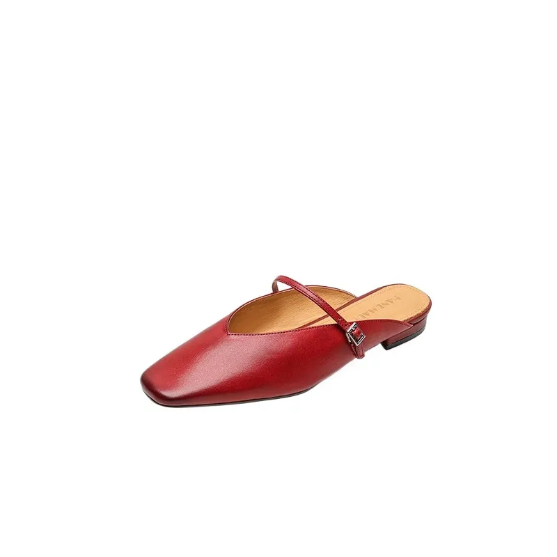 Spring/Summer Square Toe Slippers, Leather, Low Heel, Flat, Comfortable Women's Shoes, Size 40