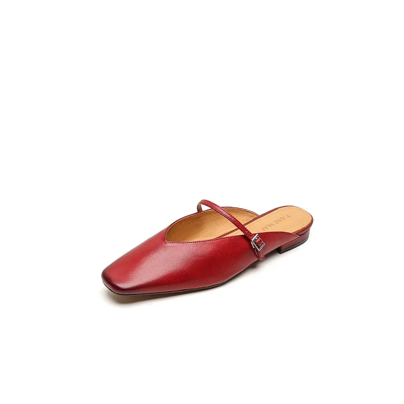 Spring/Summer Square Toe Slippers, Leather, Low Heel, Flat, Comfortable Women's Shoes, Size 40