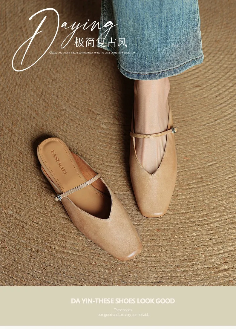 Spring/Summer Square Toe Slippers, Leather, Low Heel, Flat, Comfortable Women's Shoes, Size 40