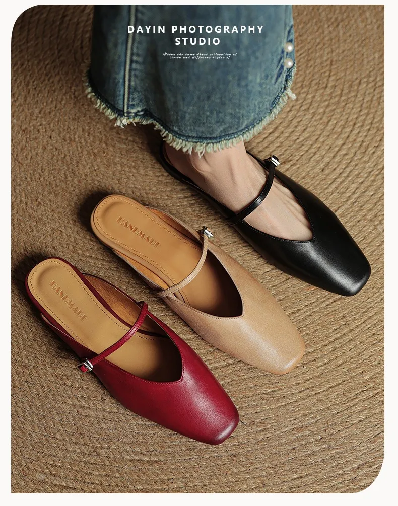 Spring/Summer Square Toe Slippers, Leather, Low Heel, Flat, Comfortable Women's Shoes, Size 40