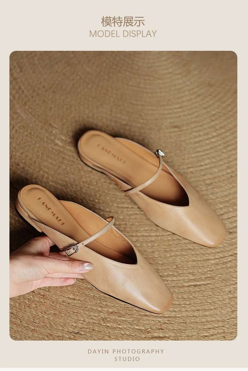Spring/Summer Square Toe Slippers, Leather, Low Heel, Flat, Comfortable Women's Shoes, Size 40