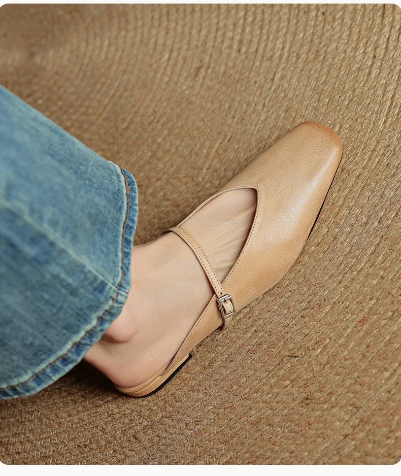 Spring/Summer Square Toe Slippers, Leather, Low Heel, Flat, Comfortable Women's Shoes, Size 40