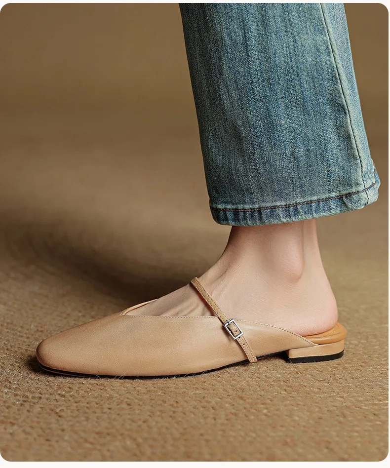 Spring/Summer Square Toe Slippers, Leather, Low Heel, Flat, Comfortable Women's Shoes, Size 40
