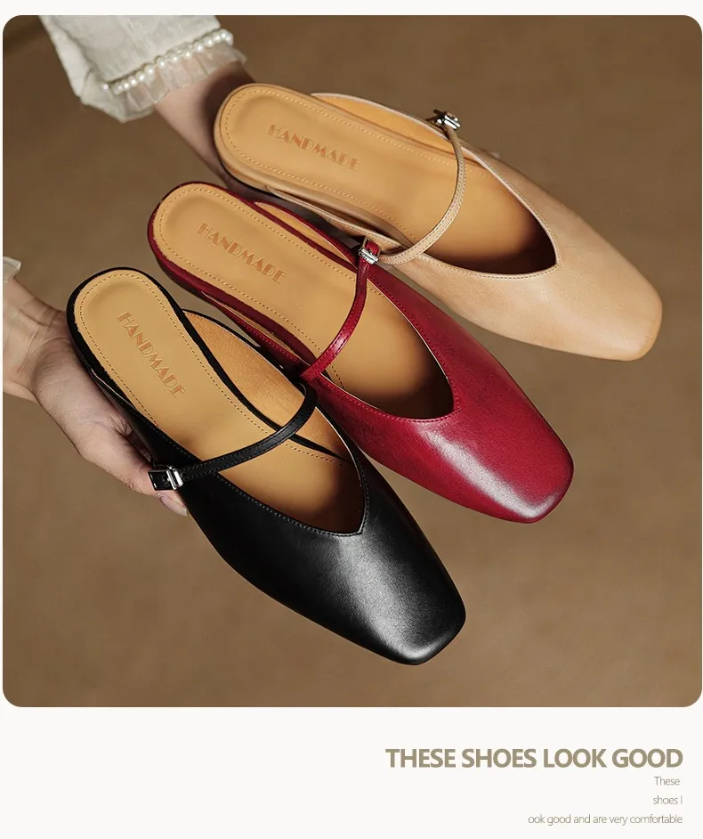 Spring/Summer Square Toe Slippers, Leather, Low Heel, Flat, Comfortable Women's Shoes, Size 40