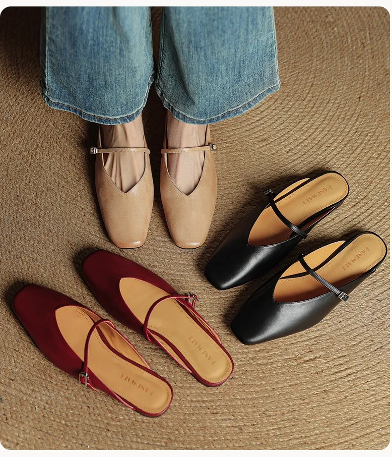 Spring/Summer Square Toe Slippers, Leather, Low Heel, Flat, Comfortable Women's Shoes, Size 40