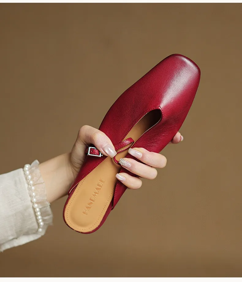 Spring/Summer Square Toe Slippers, Leather, Low Heel, Flat, Comfortable Women's Shoes, Size 40