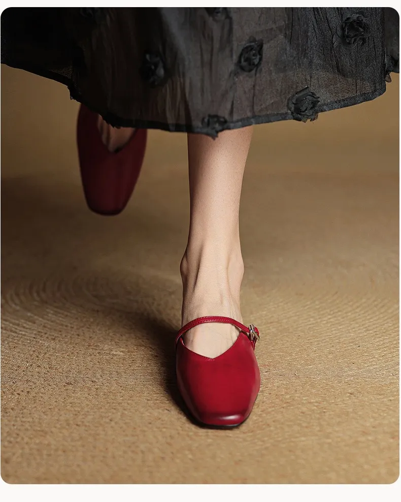 Spring/Summer Square Toe Slippers, Leather, Low Heel, Flat, Comfortable Women's Shoes, Size 40
