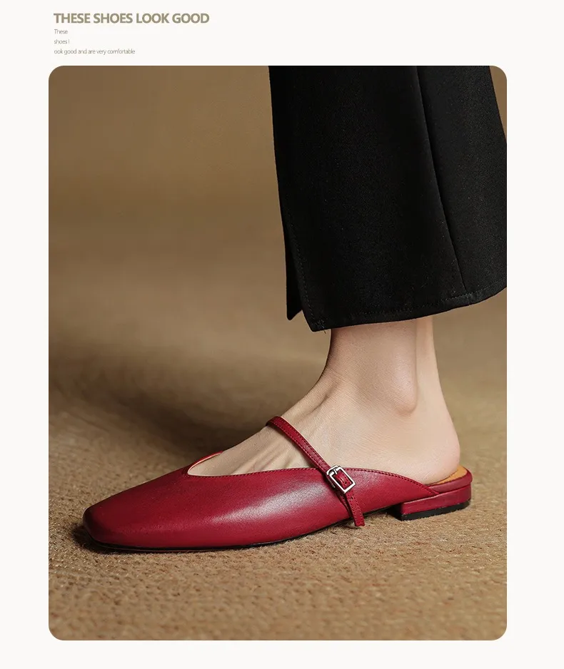 Spring/Summer Square Toe Slippers, Leather, Low Heel, Flat, Comfortable Women's Shoes, Size 40