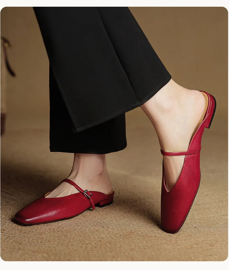 Spring/Summer Square Toe Slippers, Leather, Low Heel, Flat, Comfortable Women's Shoes, Size 40