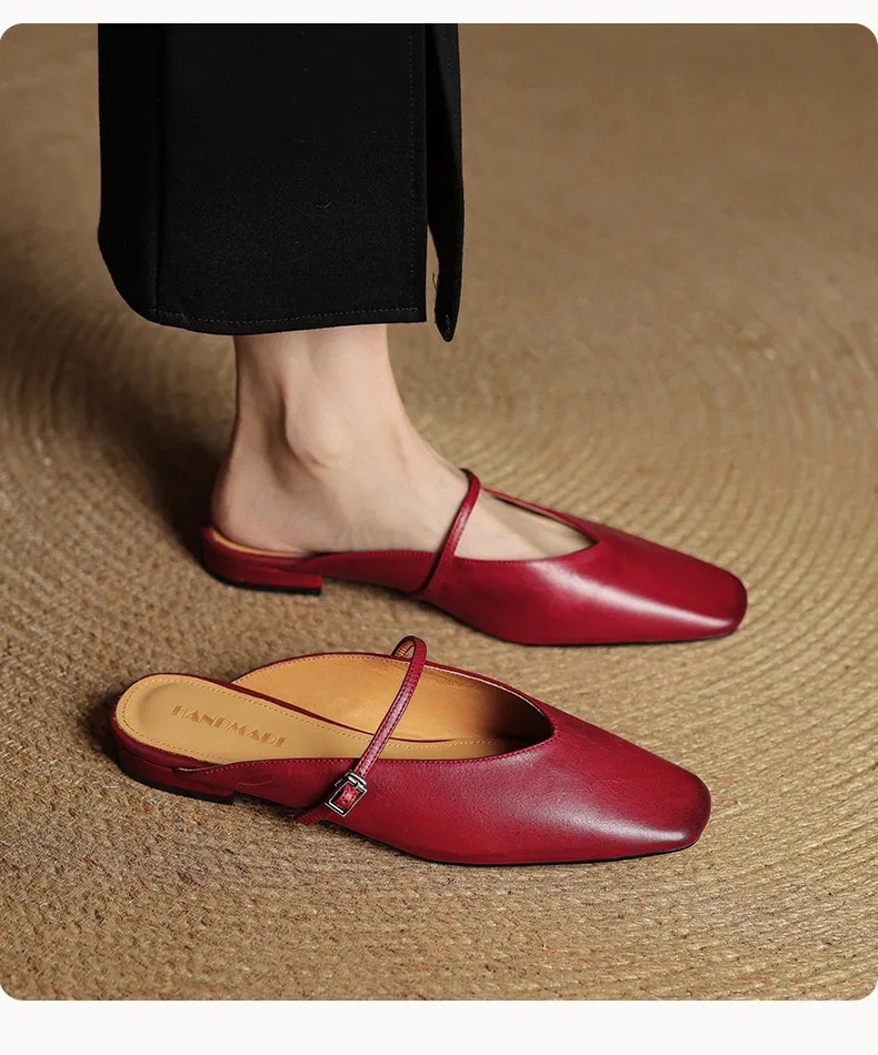 Spring/Summer Square Toe Slippers, Leather, Low Heel, Flat, Comfortable Women's Shoes, Size 40