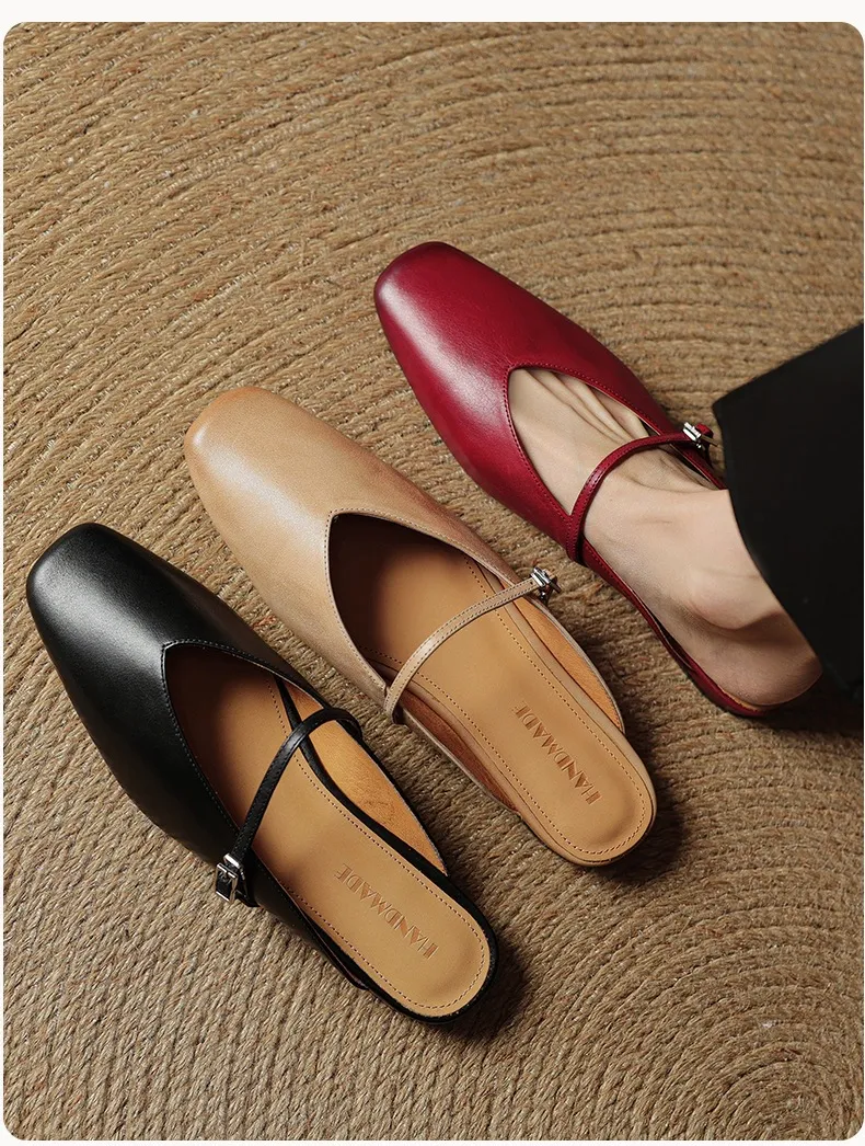 Spring/Summer Square Toe Slippers, Leather, Low Heel, Flat, Comfortable Women's Shoes, Size 40
