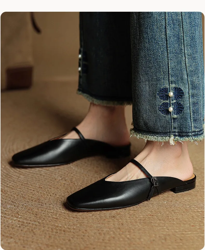 Spring/Summer Square Toe Slippers, Leather, Low Heel, Flat, Comfortable Women's Shoes, Size 40