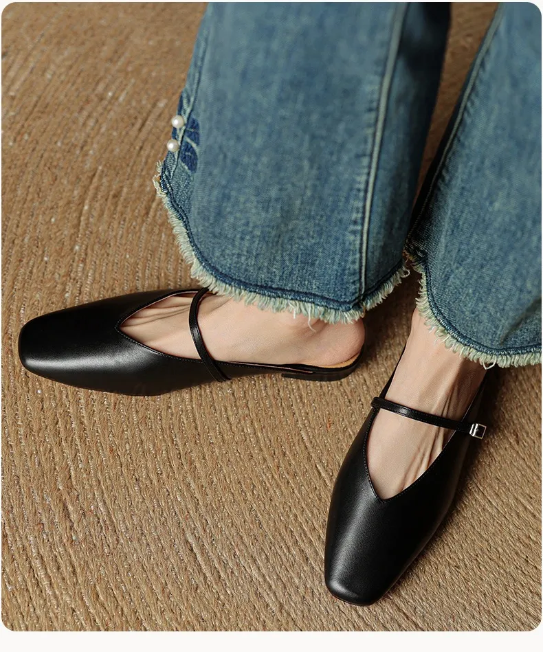 Spring/Summer Square Toe Slippers, Leather, Low Heel, Flat, Comfortable Women's Shoes, Size 40