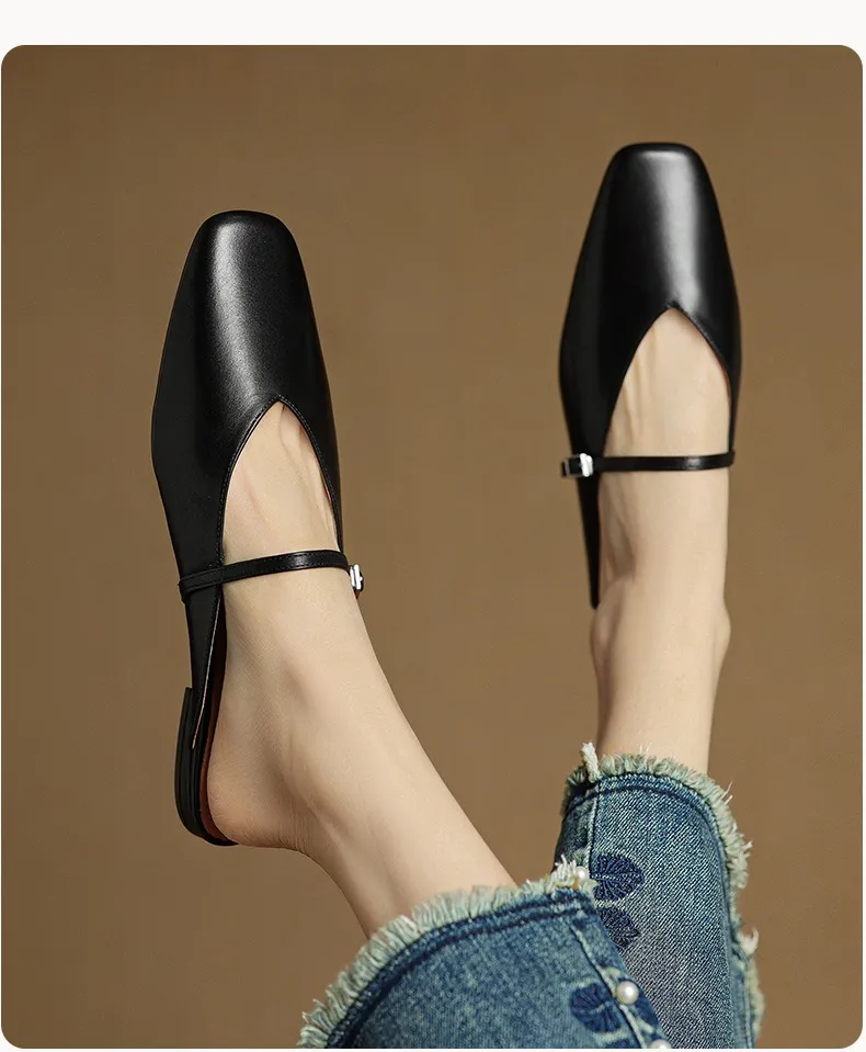 Spring/Summer Square Toe Slippers, Leather, Low Heel, Flat, Comfortable Women's Shoes, Size 40