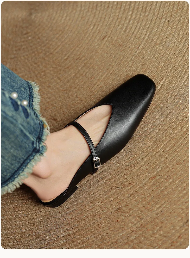 Spring/Summer Square Toe Slippers, Leather, Low Heel, Flat, Comfortable Women's Shoes, Size 40