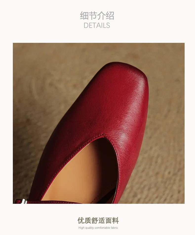 Spring/Summer Square Toe Slippers, Leather, Low Heel, Flat, Comfortable Women's Shoes, Size 40