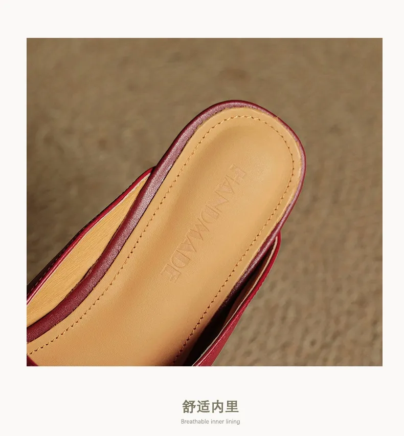 Spring/Summer Square Toe Slippers, Leather, Low Heel, Flat, Comfortable Women's Shoes, Size 40