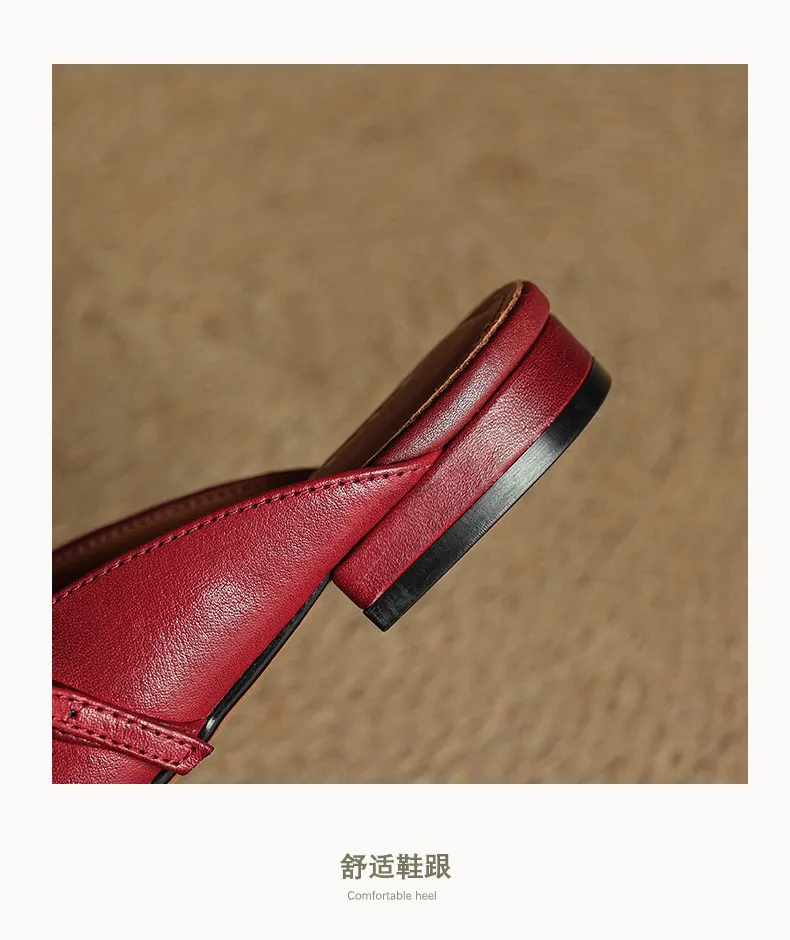 Spring/Summer Square Toe Slippers, Leather, Low Heel, Flat, Comfortable Women's Shoes, Size 40