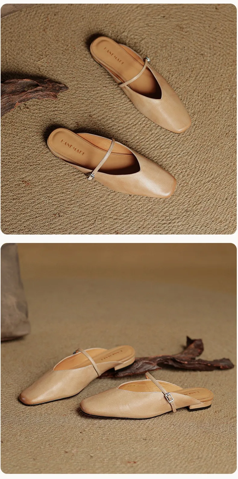 Spring/Summer Square Toe Slippers, Leather, Low Heel, Flat, Comfortable Women's Shoes, Size 40