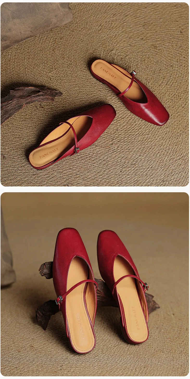 Spring/Summer Square Toe Slippers, Leather, Low Heel, Flat, Comfortable Women's Shoes, Size 40