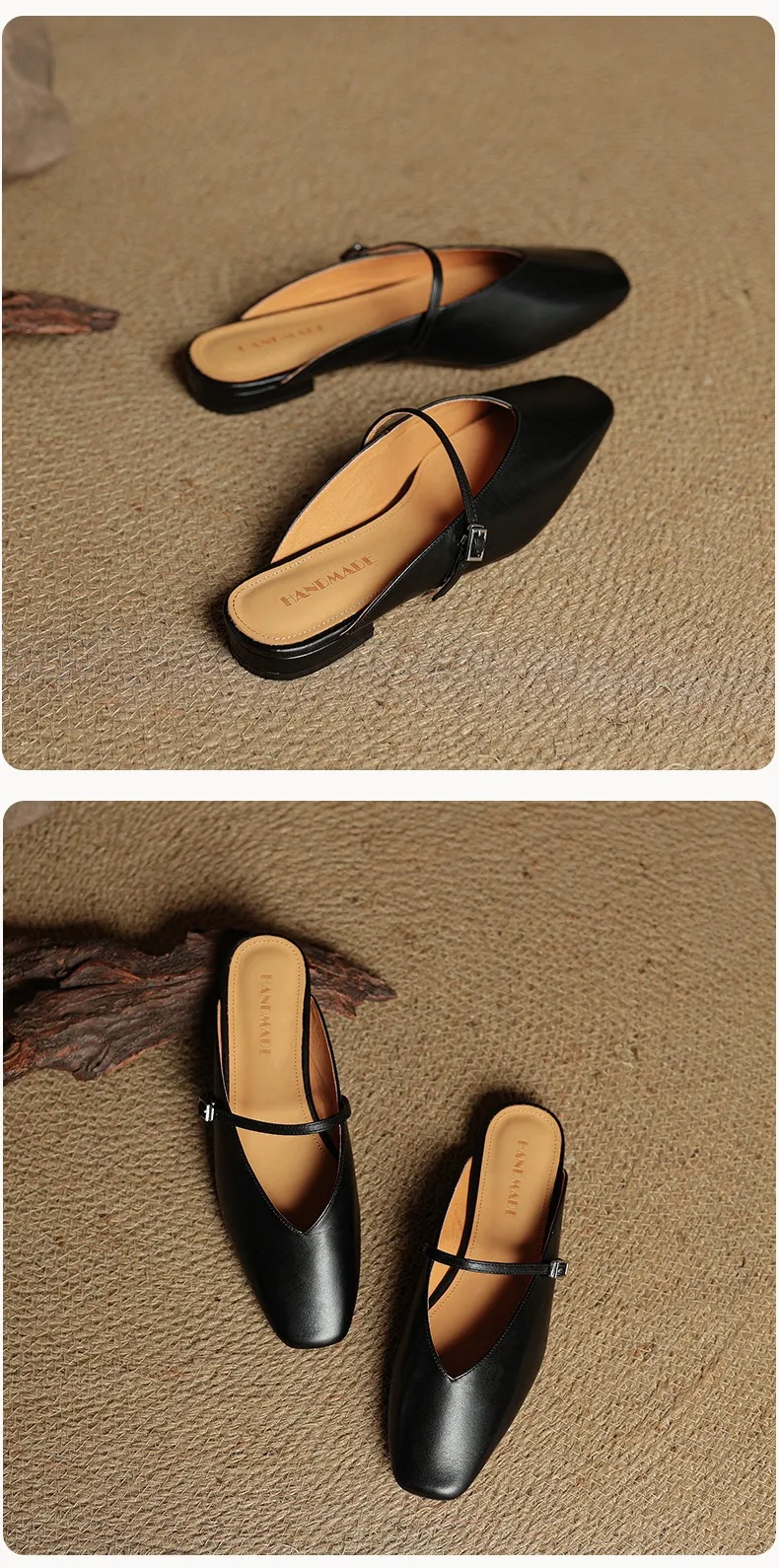 Spring/Summer Square Toe Slippers, Leather, Low Heel, Flat, Comfortable Women's Shoes, Size 40