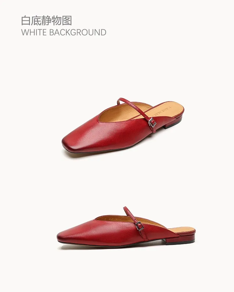 Spring/Summer Square Toe Slippers, Leather, Low Heel, Flat, Comfortable Women's Shoes, Size 40
