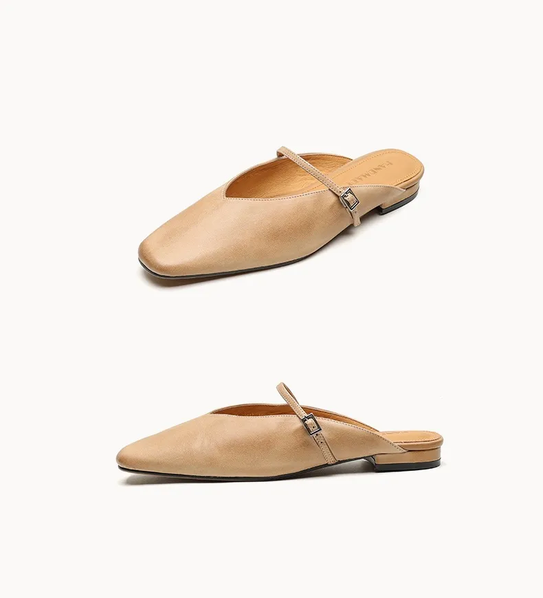 Spring/Summer Square Toe Slippers, Leather, Low Heel, Flat, Comfortable Women's Shoes, Size 40