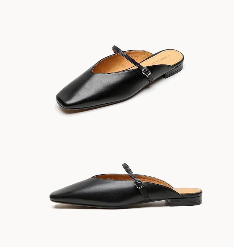 Spring/Summer Square Toe Slippers, Leather, Low Heel, Flat, Comfortable Women's Shoes, Size 40