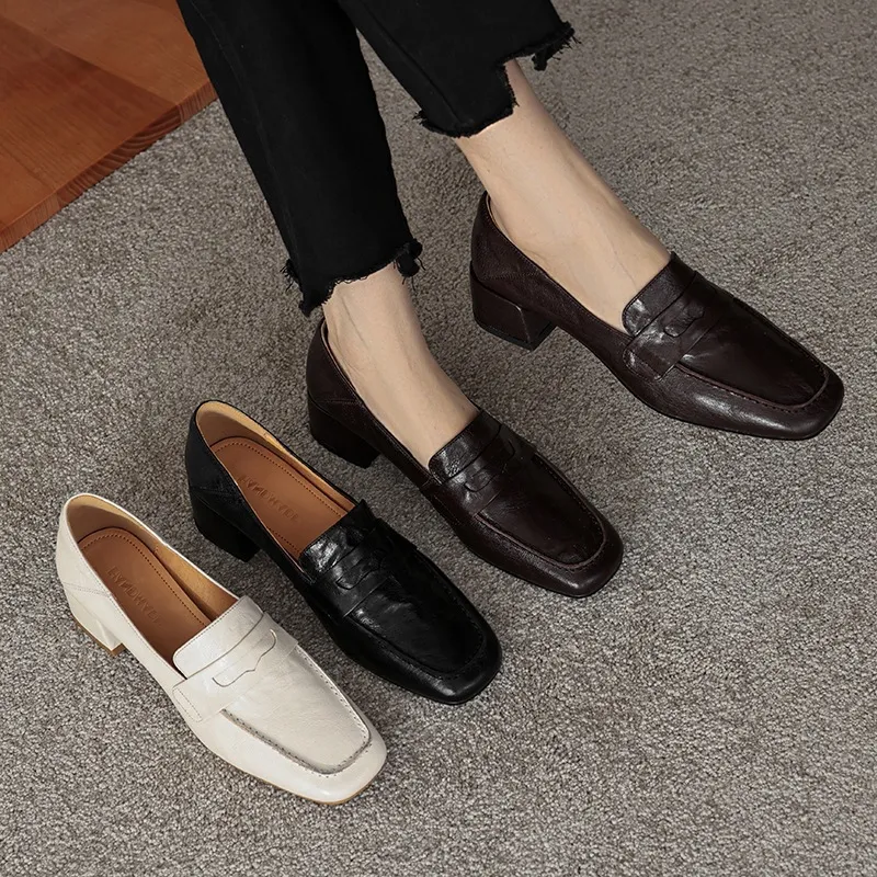 New Spring and Autumn Single Shoes, Chunky Heel, High Heel, Square Toe, Slip-on, Sheepskin, Comfortable, Fashionable Women's Shoes