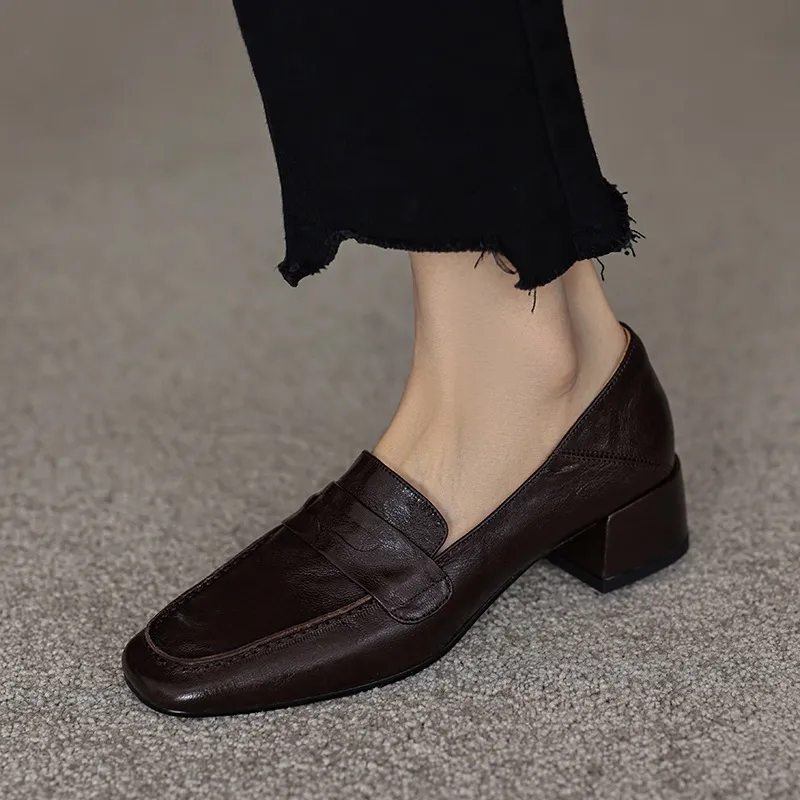 New Spring and Autumn Single Shoes, Chunky Heel, High Heel, Square Toe, Slip-on, Sheepskin, Comfortable, Fashionable Women's Shoes