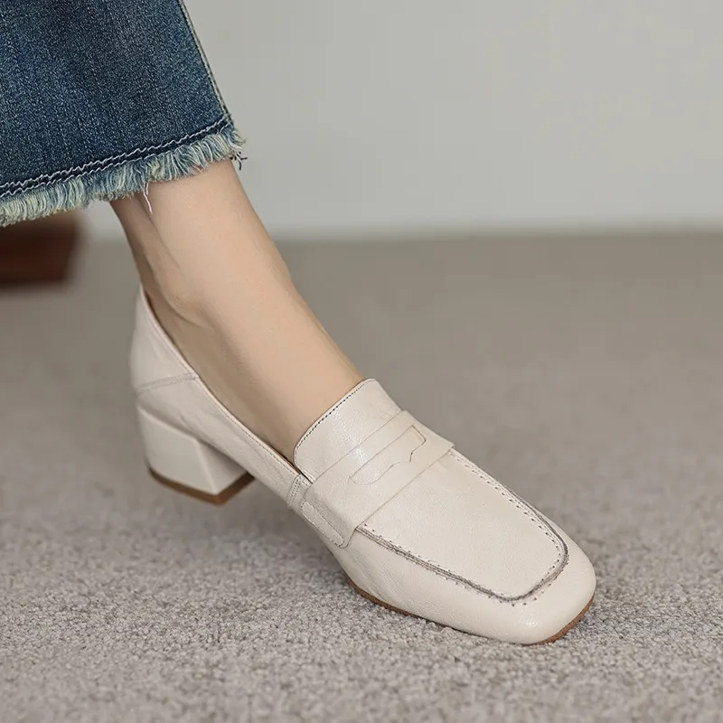 New Spring and Autumn Single Shoes, Chunky Heel, High Heel, Square Toe, Slip-on, Sheepskin, Comfortable, Fashionable Women's Shoes
