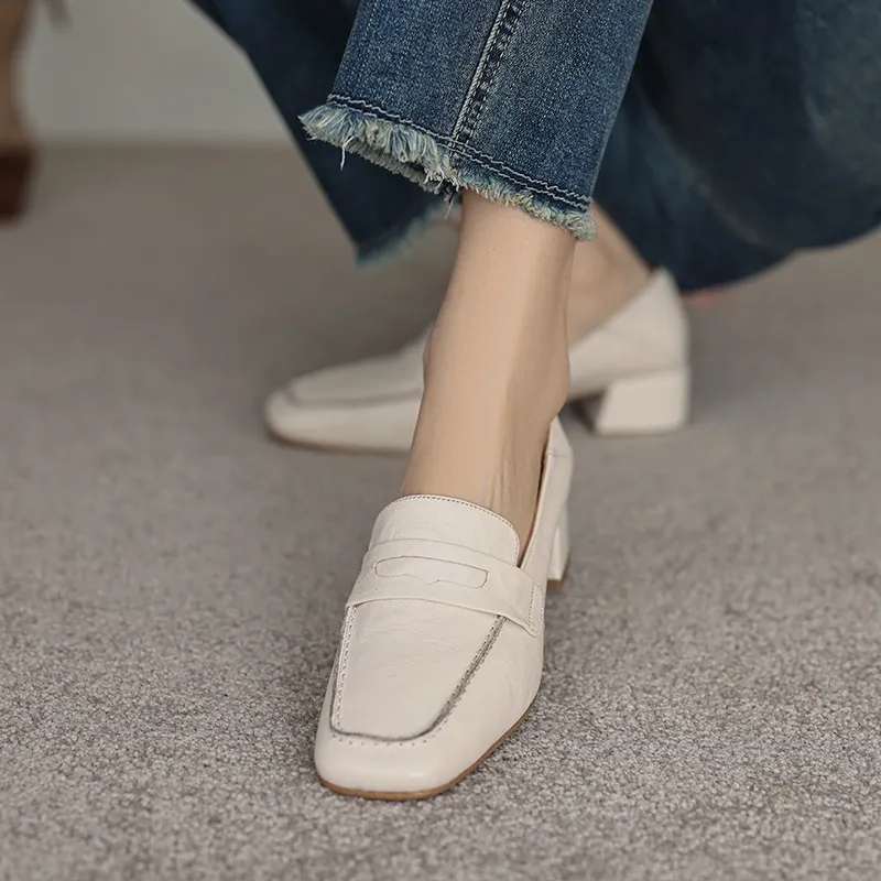 New Spring and Autumn Single Shoes, Chunky Heel, High Heel, Square Toe, Slip-on, Sheepskin, Comfortable, Fashionable Women's Shoes