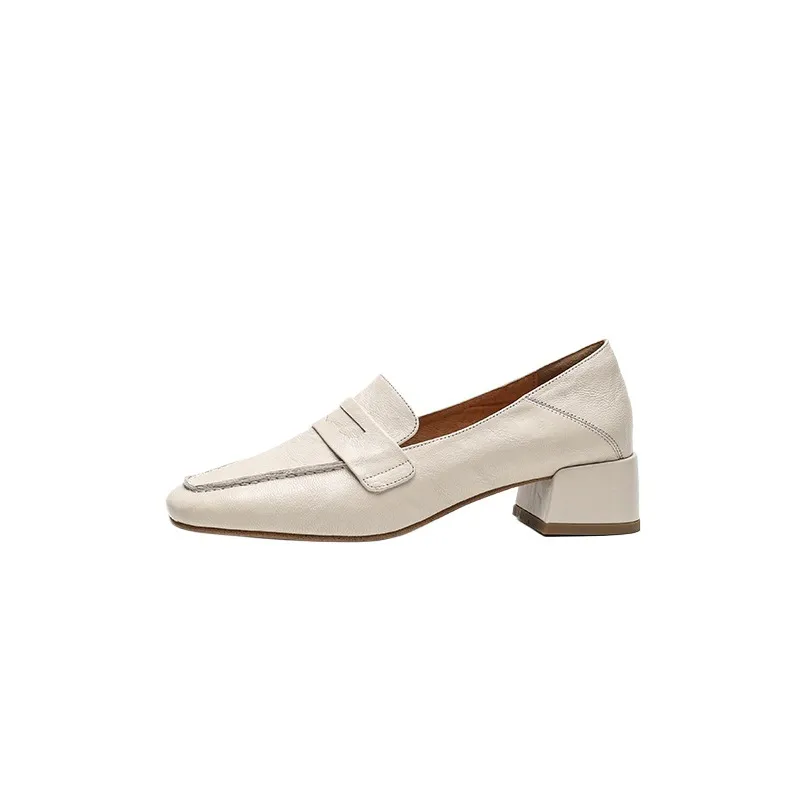 New Spring and Autumn Single Shoes, Chunky Heel, High Heel, Square Toe, Slip-on, Sheepskin, Comfortable, Fashionable Women's Shoes