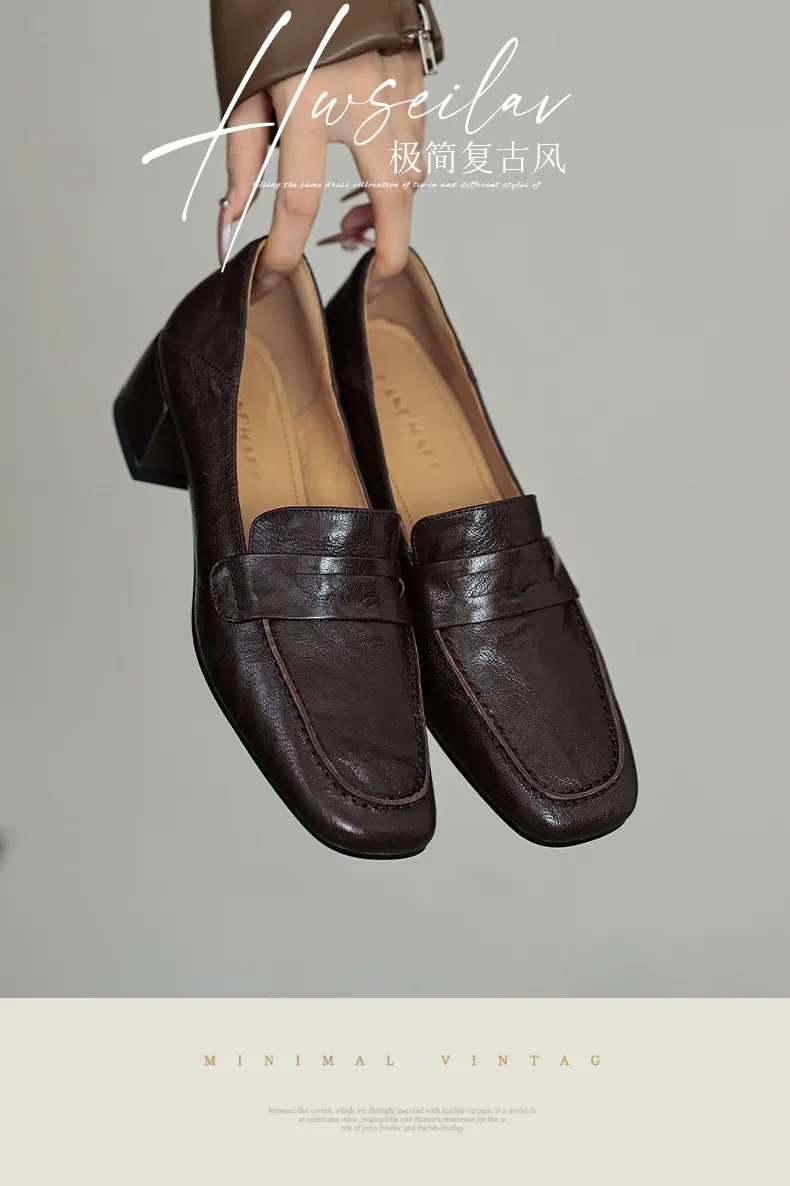 New Spring and Autumn Single Shoes, Chunky Heel, High Heel, Square Toe, Slip-on, Sheepskin, Comfortable, Fashionable Women's Shoes