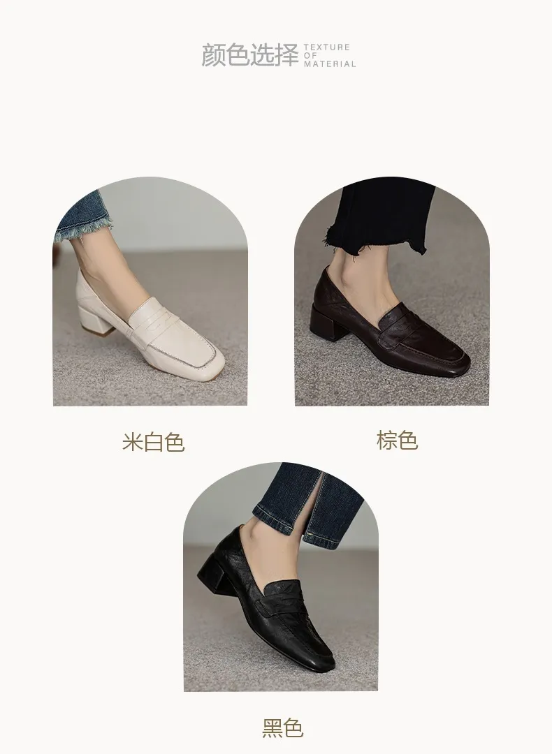 New Spring and Autumn Single Shoes, Chunky Heel, High Heel, Square Toe, Slip-on, Sheepskin, Comfortable, Fashionable Women's Shoes