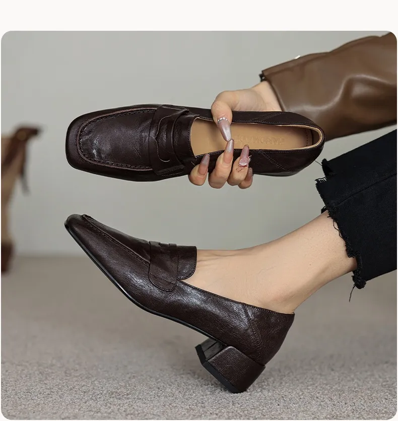 New Spring and Autumn Single Shoes, Chunky Heel, High Heel, Square Toe, Slip-on, Sheepskin, Comfortable, Fashionable Women's Shoes