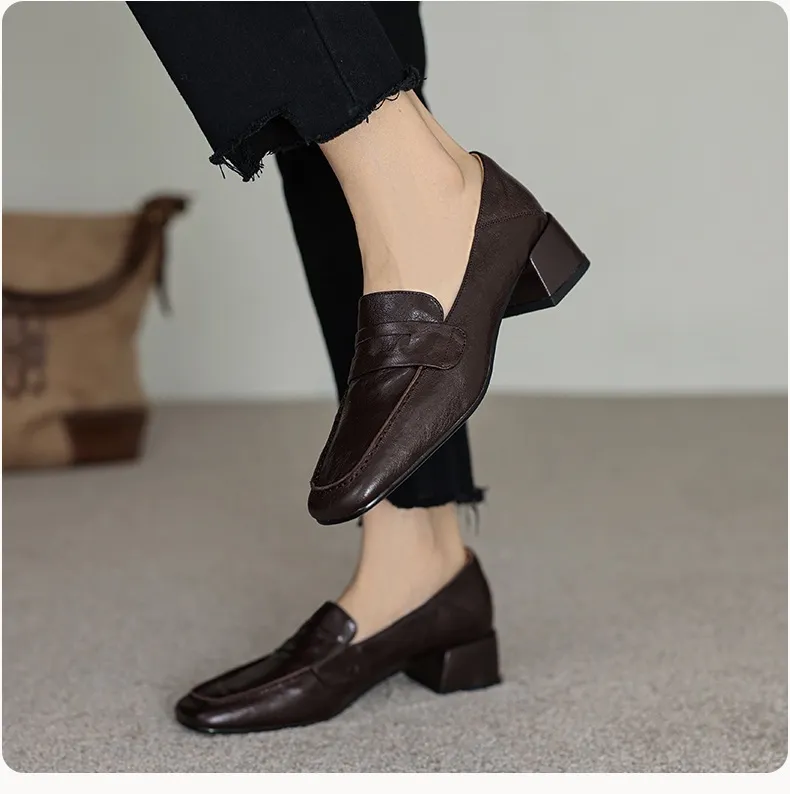 New Spring and Autumn Single Shoes, Chunky Heel, High Heel, Square Toe, Slip-on, Sheepskin, Comfortable, Fashionable Women's Shoes