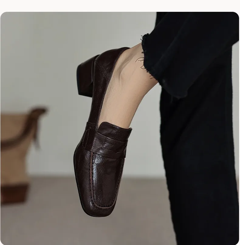 New Spring and Autumn Single Shoes, Chunky Heel, High Heel, Square Toe, Slip-on, Sheepskin, Comfortable, Fashionable Women's Shoes
