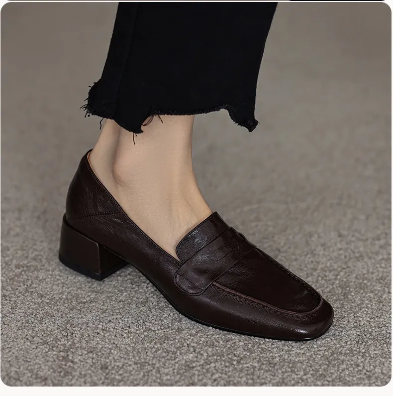 New Spring and Autumn Single Shoes, Chunky Heel, High Heel, Square Toe, Slip-on, Sheepskin, Comfortable, Fashionable Women's Shoes